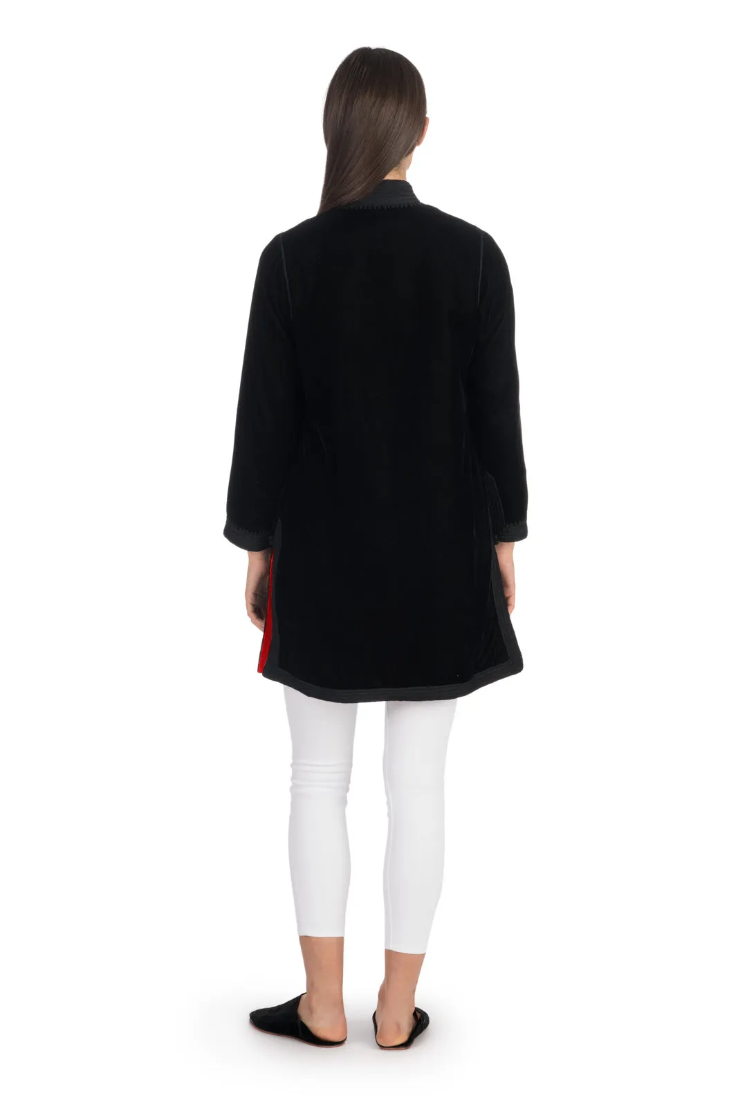 Black Embroidered Velvet Tunic Coat with Red Silk Lining