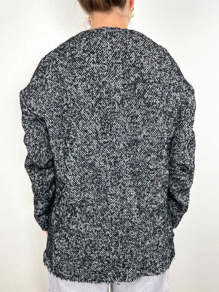 Boucle Tweed Cardigan Coat in Black/Ivory Multi