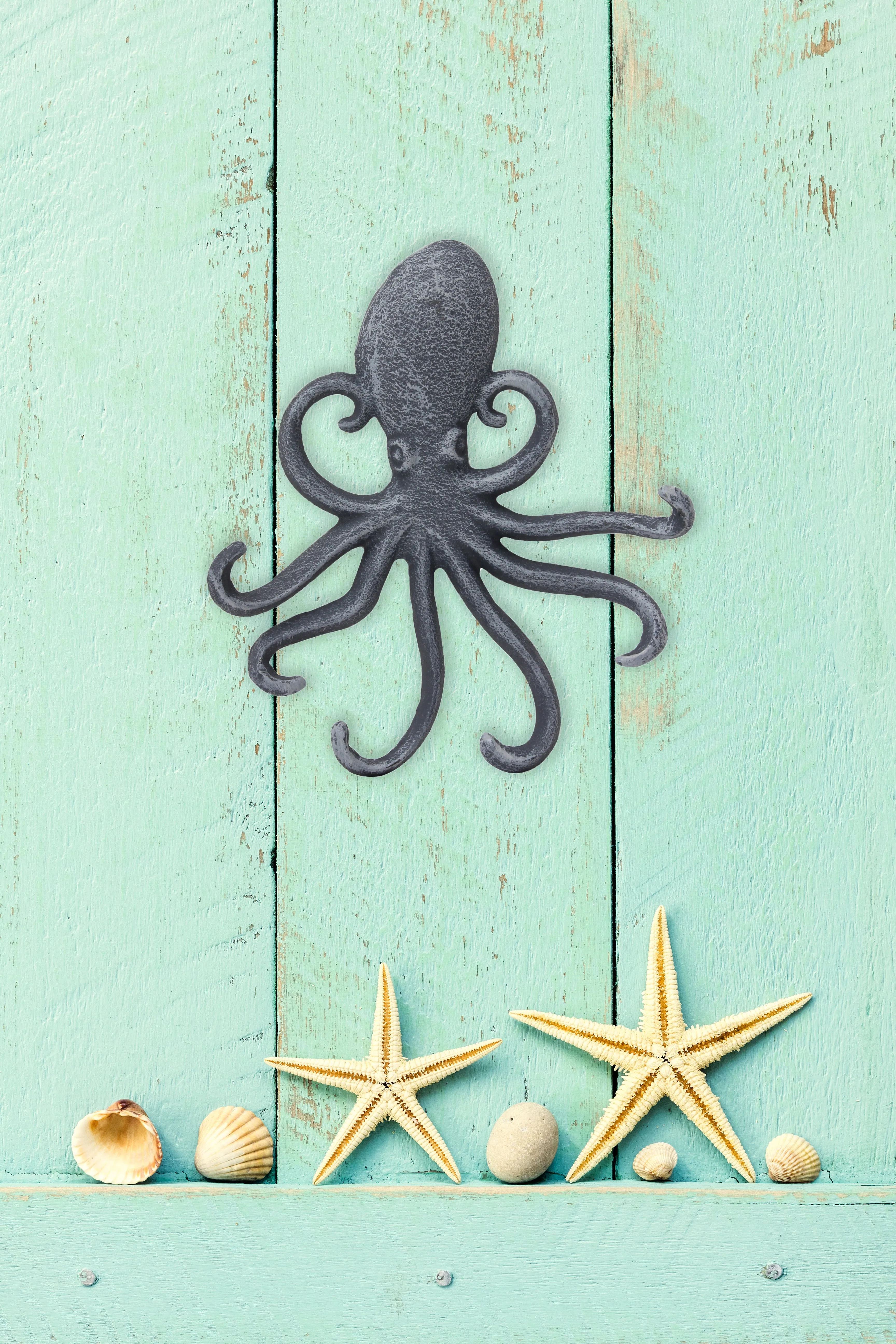 Cast Iron Octopus Decorative Wall Hook, Unique Nautical Design, Multiple Hooks , Silver (WS)