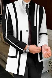 Casual Black And White Linear Art Print Coat