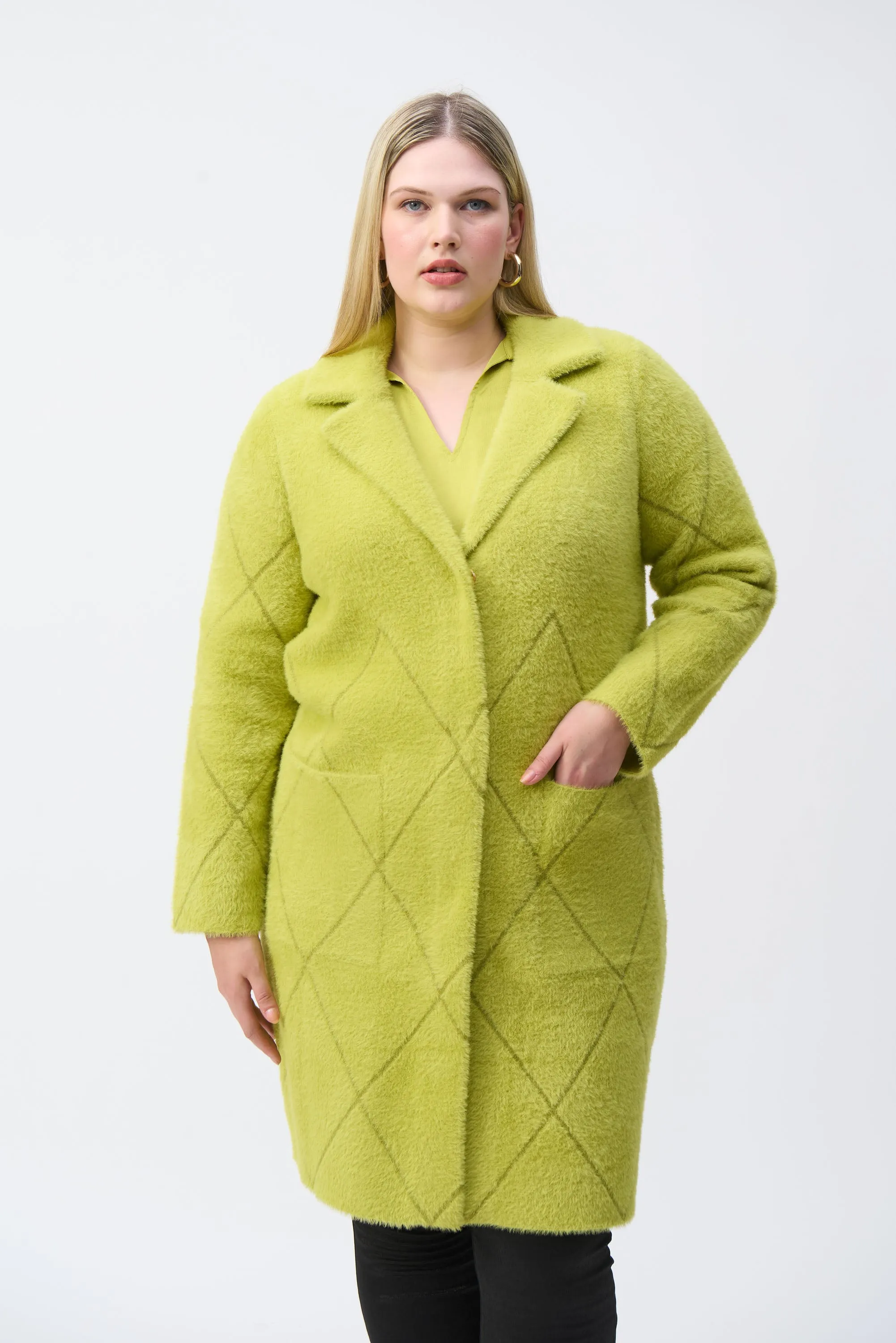 Feather Yarn Notched Collar Coat, Wasabi