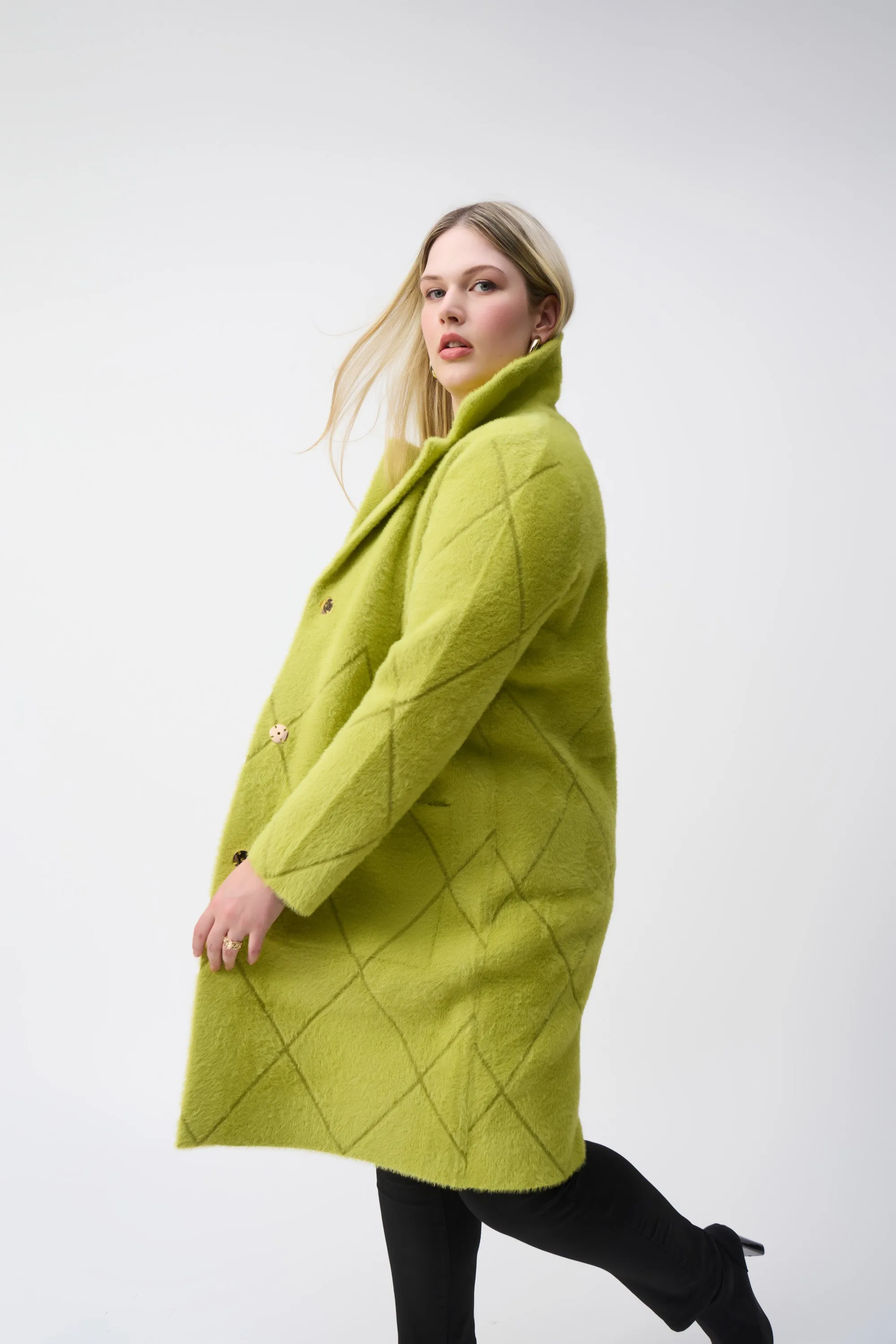 Feather Yarn Notched Collar Coat, Wasabi