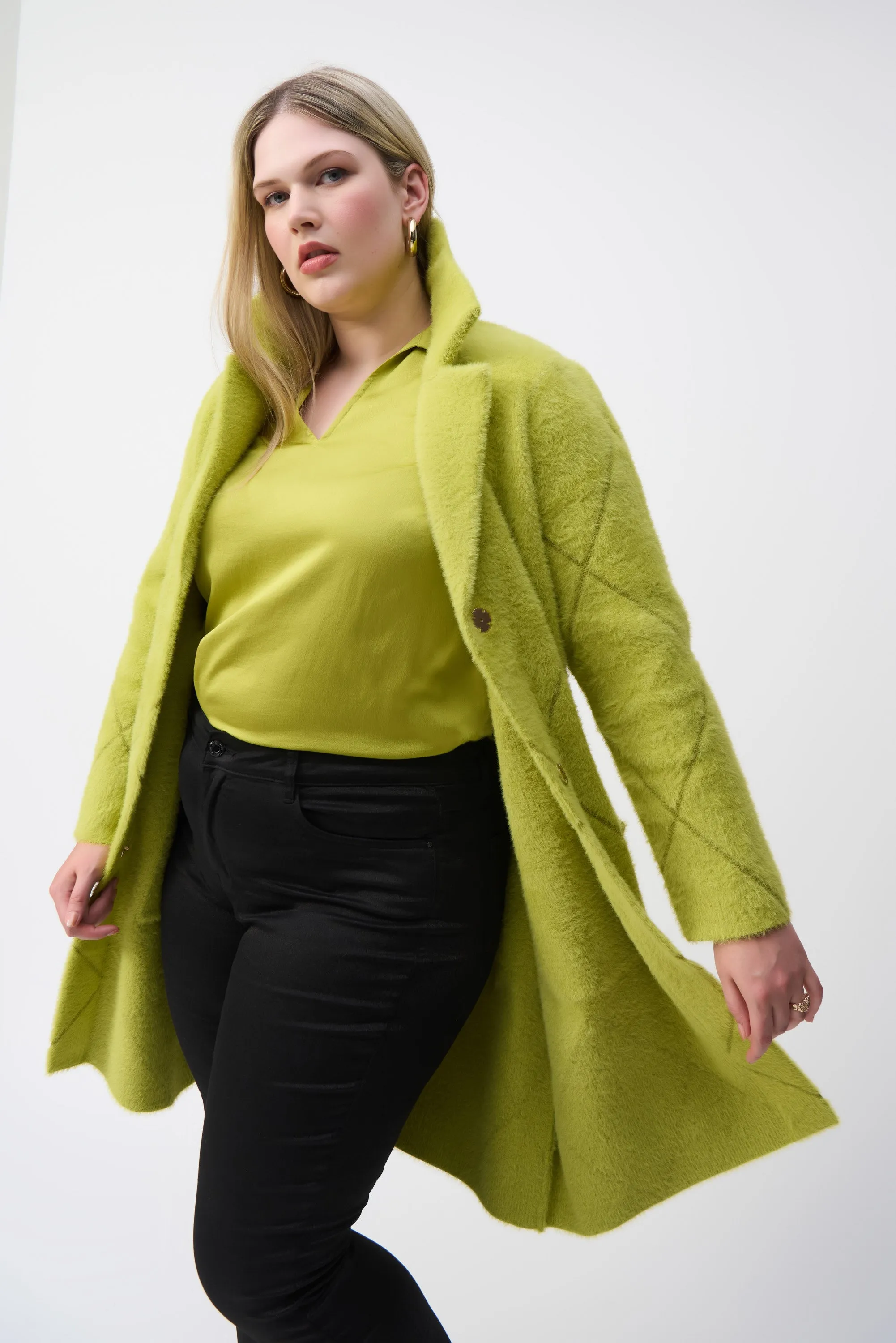 Feather Yarn Notched Collar Coat, Wasabi