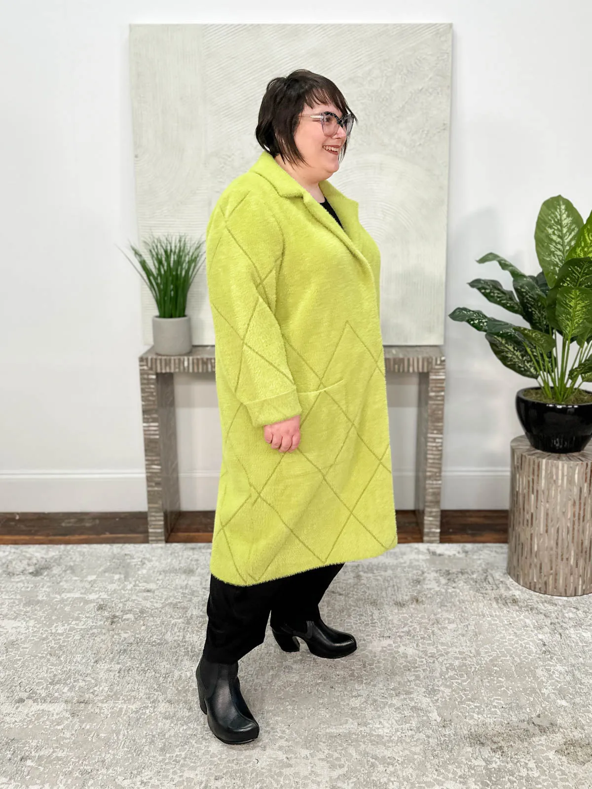 Feather Yarn Notched Collar Coat, Wasabi