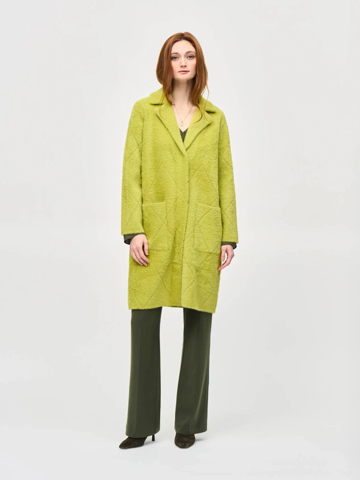 Feather Yarn Notched Collar Coat, Wasabi