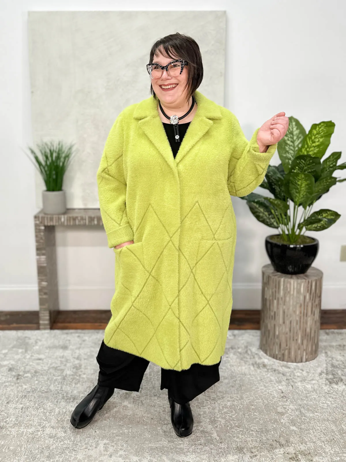 Feather Yarn Notched Collar Coat, Wasabi