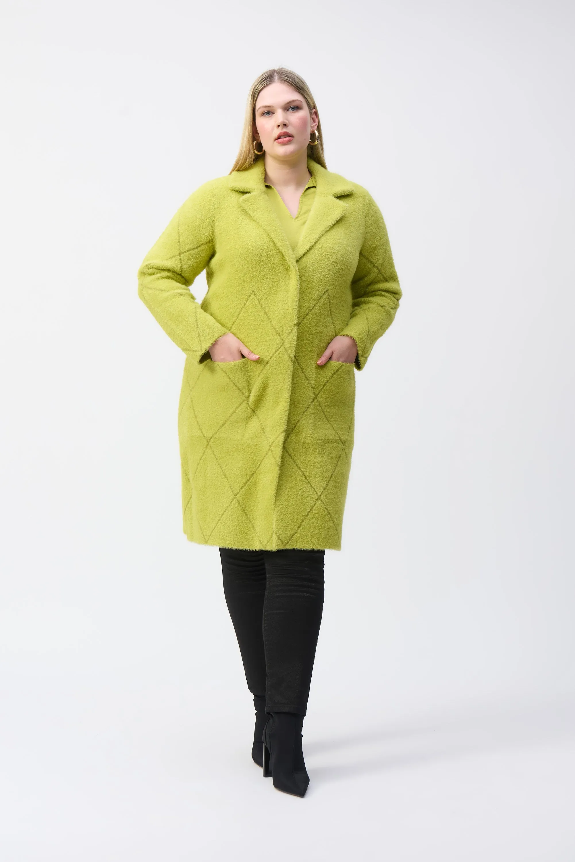 Feather Yarn Notched Collar Coat, Wasabi