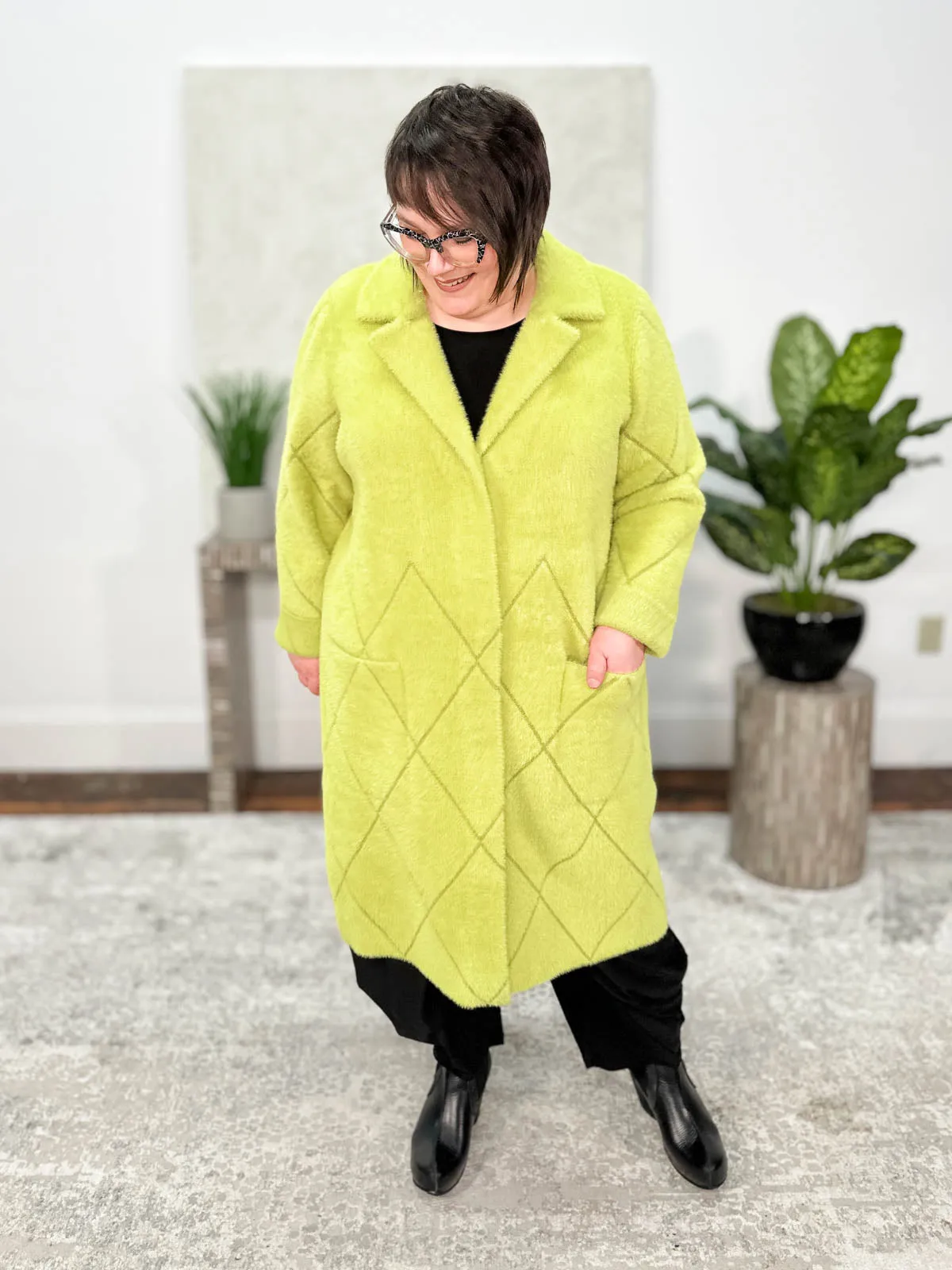 Feather Yarn Notched Collar Coat, Wasabi