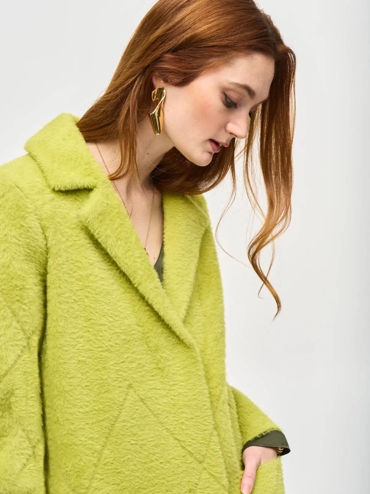 Feather Yarn Notched Collar Coat, Wasabi