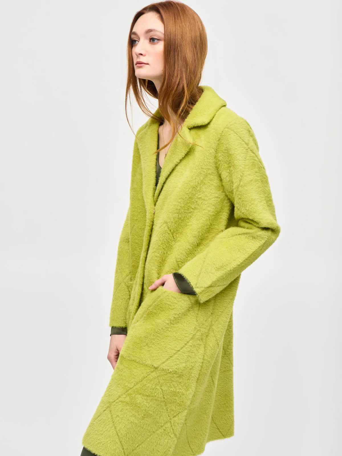 Feather Yarn Notched Collar Coat, Wasabi