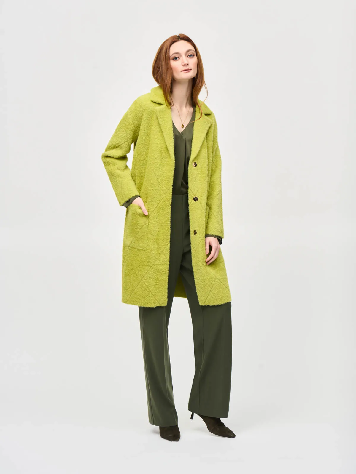 Feather Yarn Notched Collar Coat, Wasabi