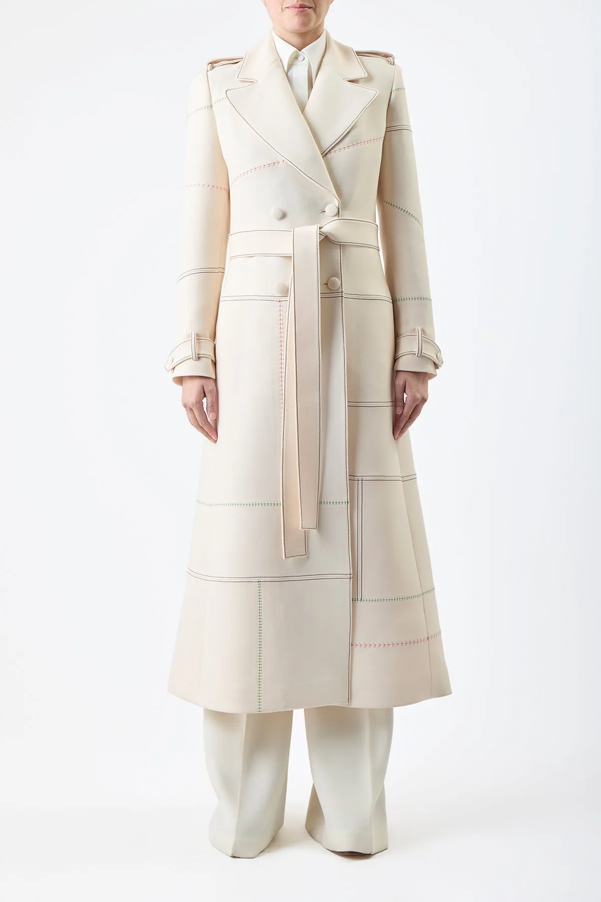 Hamilton Trench Coat in Ivory Wool Silk Cady