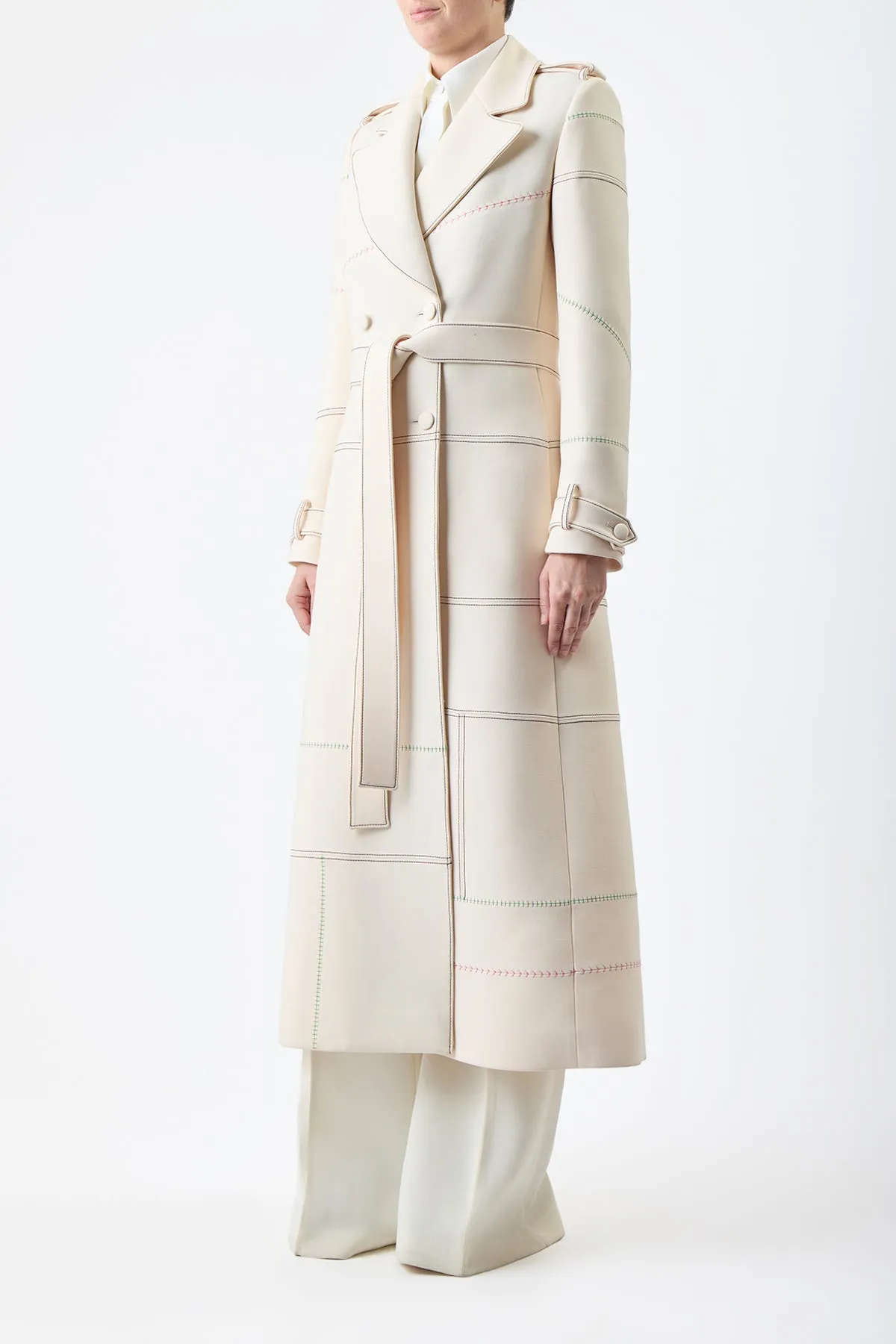 Hamilton Trench Coat in Ivory Wool Silk Cady