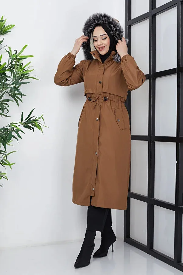 Imajbutik Women's Brown Modest Hooded Fur Lined Drawstring Bondik Hijab Coat