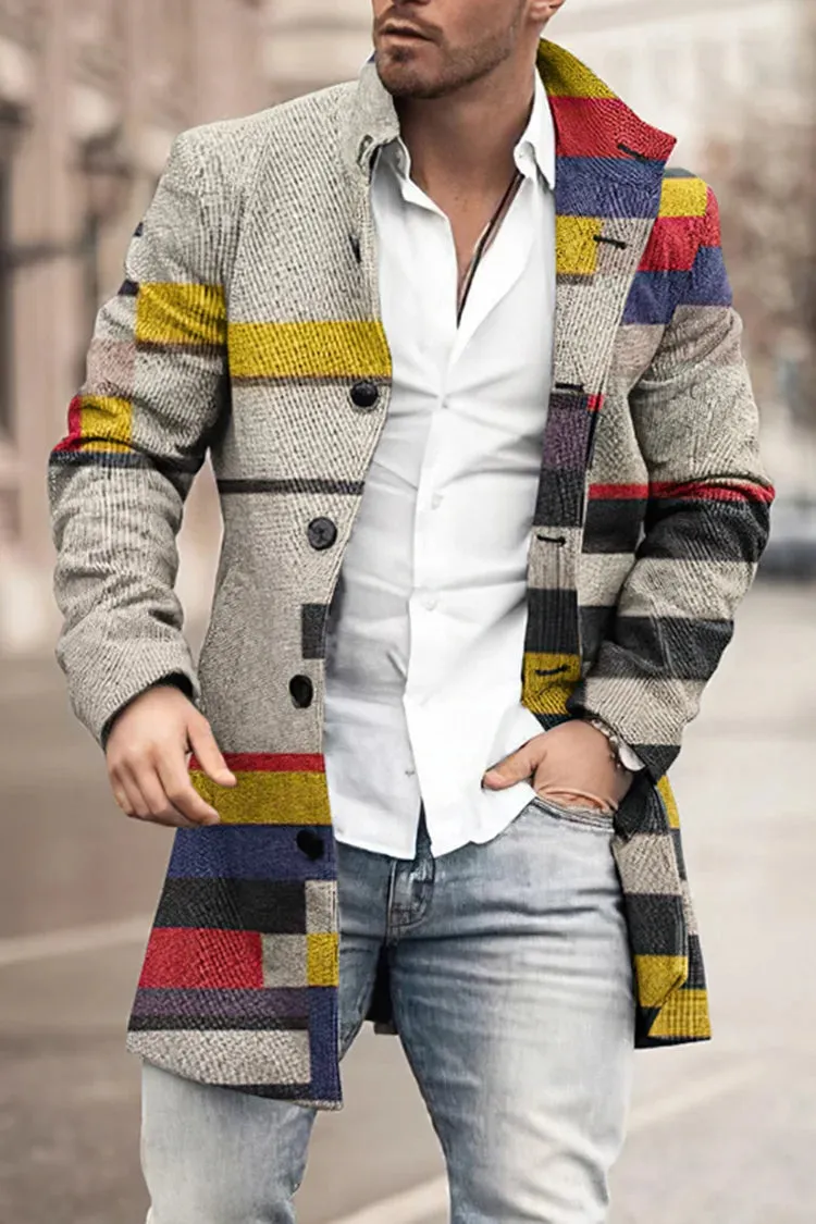 Lapel Simple Striped Colorblock Wool Coat