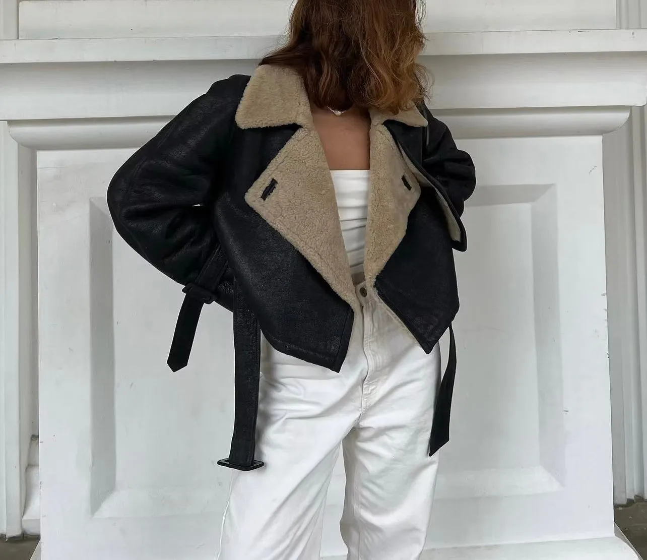 Leeana Shearling Faux Leather Aviator Jacket