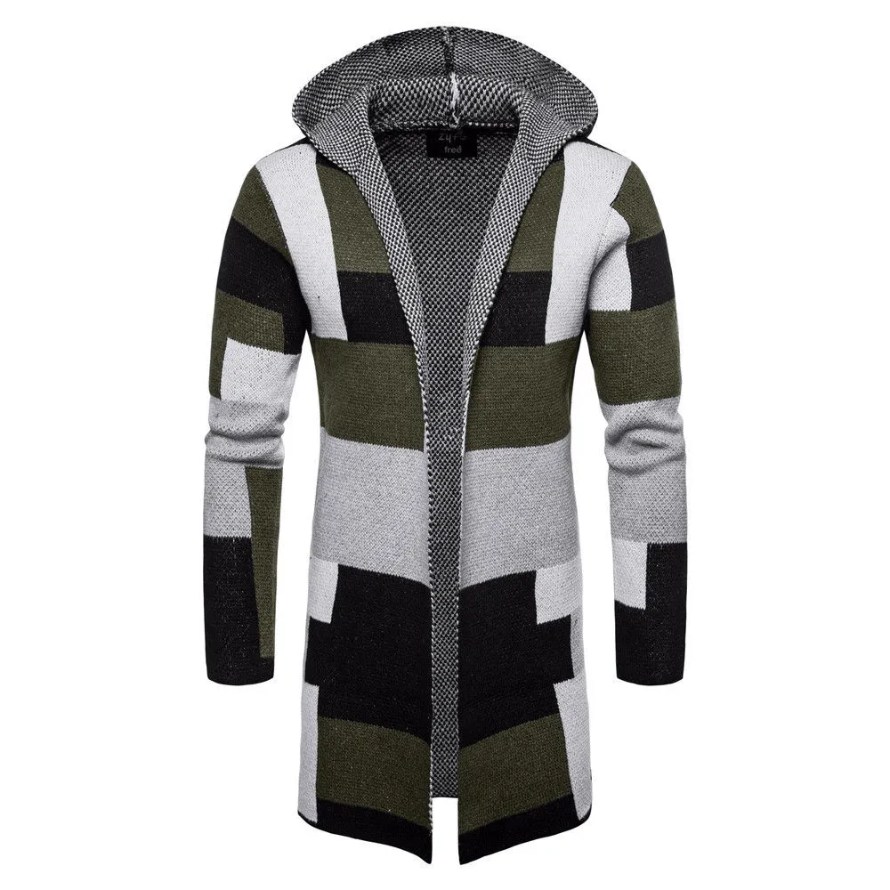 Men's Color Blocking Knitted Hooded Long Coat