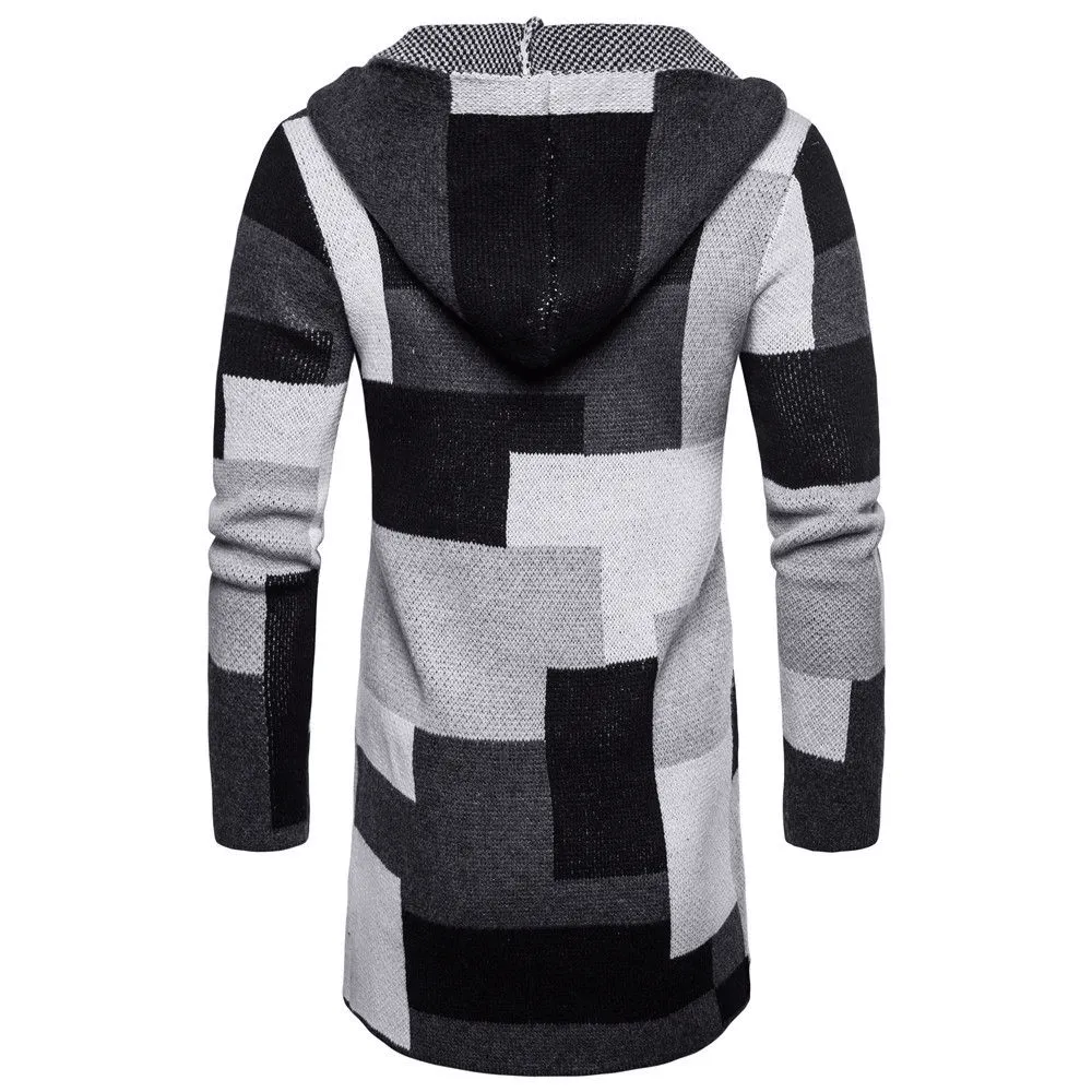 Men's Color Blocking Knitted Hooded Long Coat