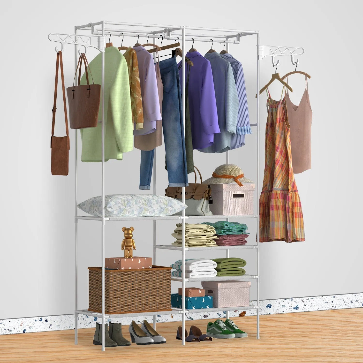 Multifunctional Metal Garment Rack with Clothing and Shoe Organizer Shelves