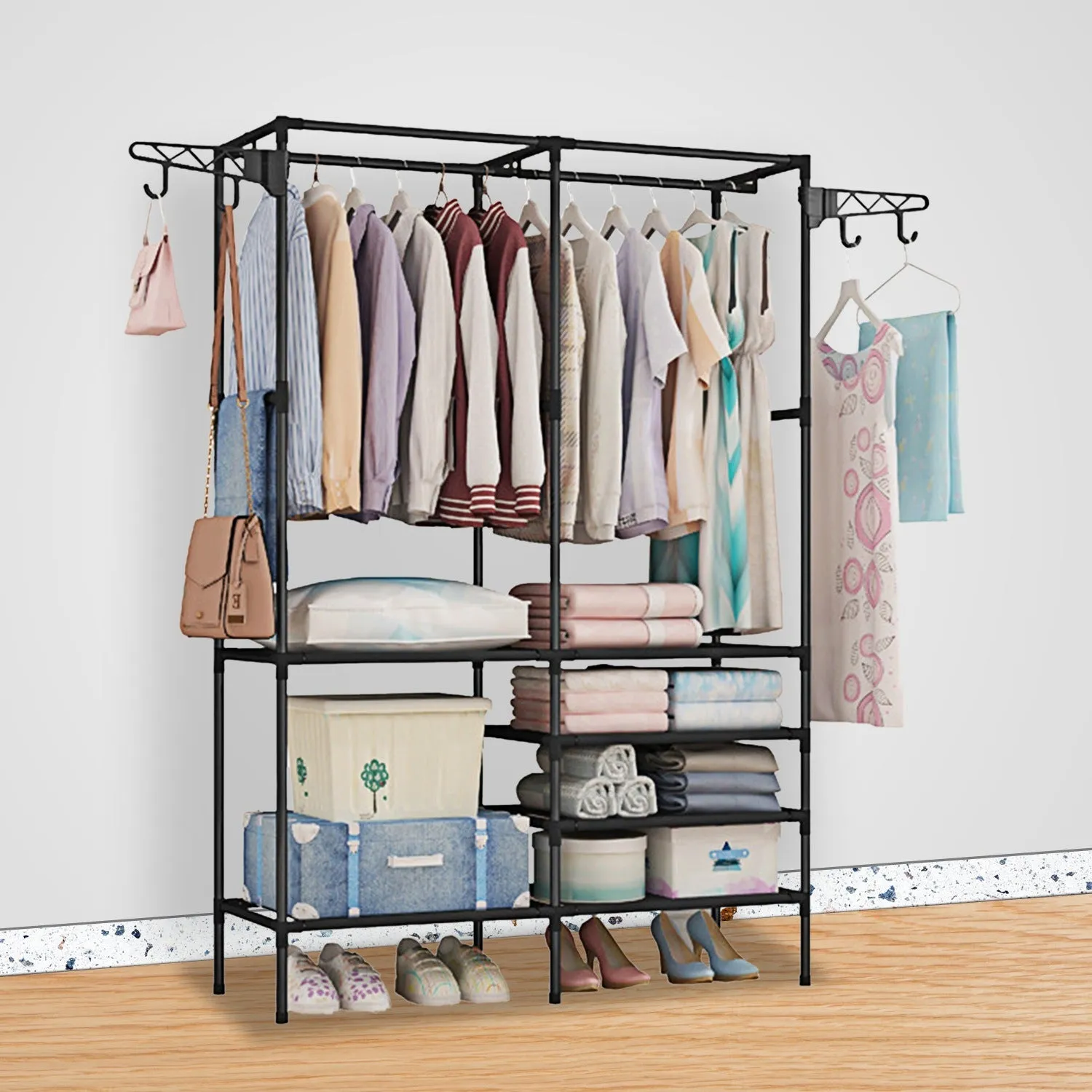 Multifunctional Metal Garment Rack with Clothing and Shoe Organizer Shelves