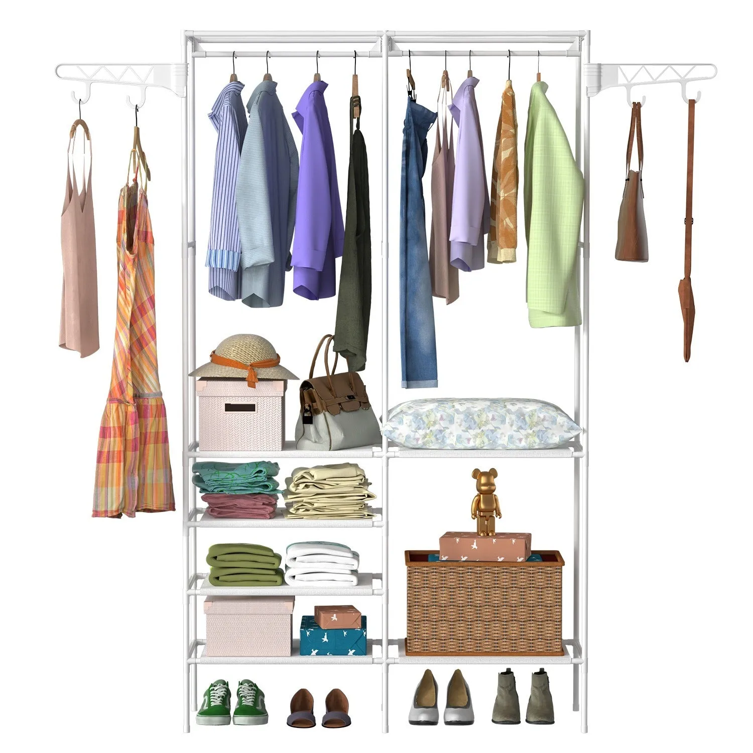 Multifunctional Metal Garment Rack with Clothing and Shoe Organizer Shelves