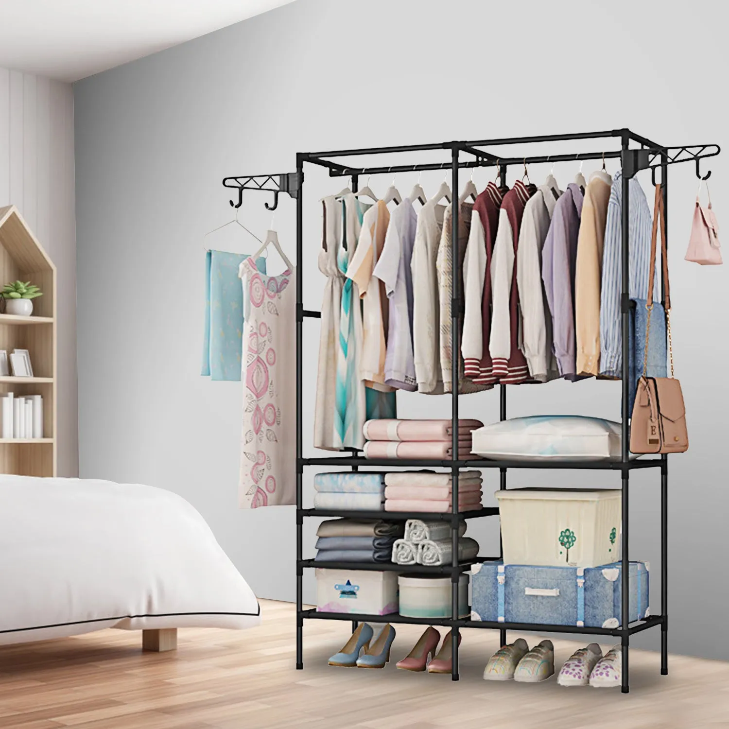 Multifunctional Metal Garment Rack with Clothing and Shoe Organizer Shelves