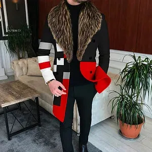 Ombre Fur Collar Geometric Color Block Splicing Mid Length Coat