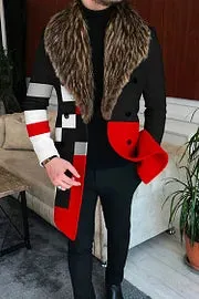 Ombre Fur Collar Geometric Color Block Splicing Mid Length Coat