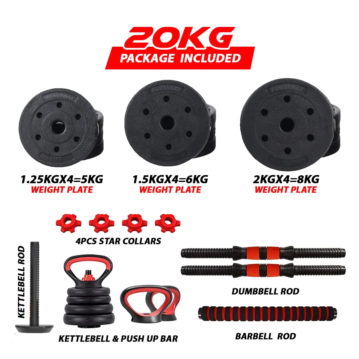 PDKS-20P Adjustable PVC Cement Kettlebell Dumbbells Set with Kettle Handle | Kettlebell Rod | Non-Slip Handle and Adjustable Weight Plates Set for Home Gym Workout | Black