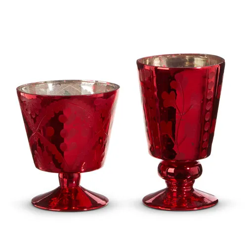 Raz 2023 O Tannenbaum 5.25" Red Leaf Pattern Mercury Glass Vases, Set of 2