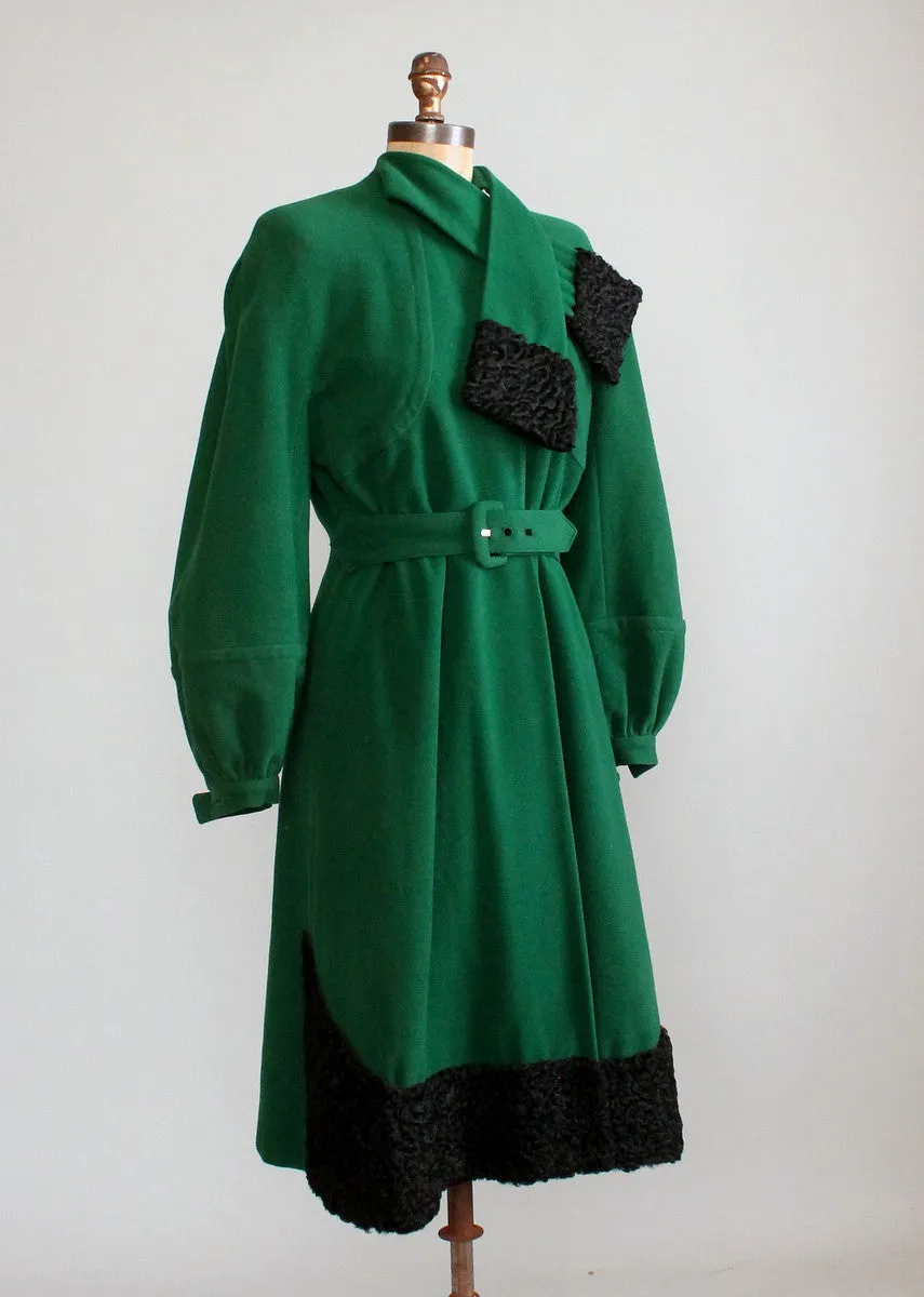 Vintage 1940s Green Wool and Black Curly Lamp Fur Coat