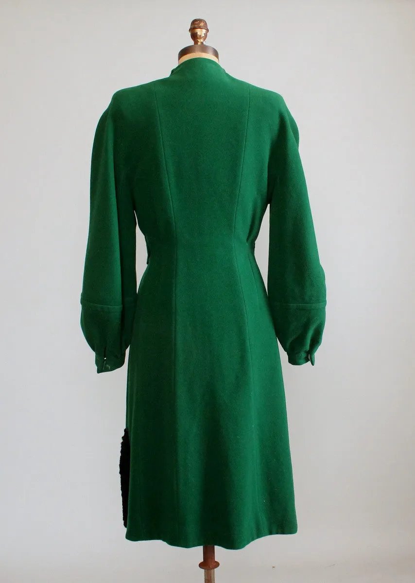 Vintage 1940s Green Wool and Black Curly Lamp Fur Coat