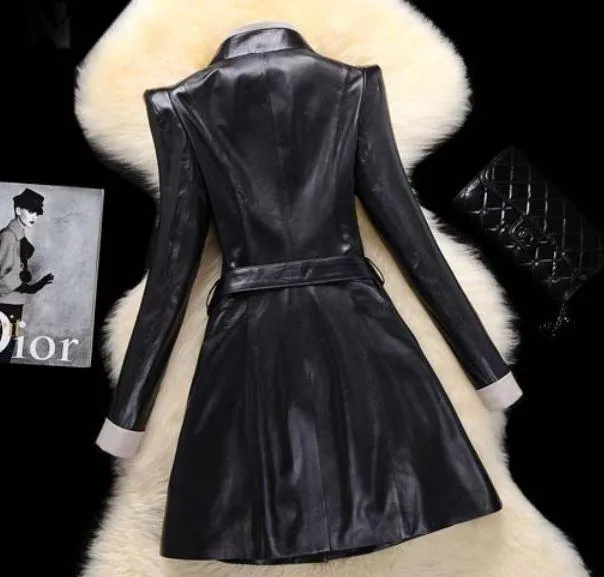 Woman Leather Overcoat Winter Sheepskin Long Slim Black Jackets