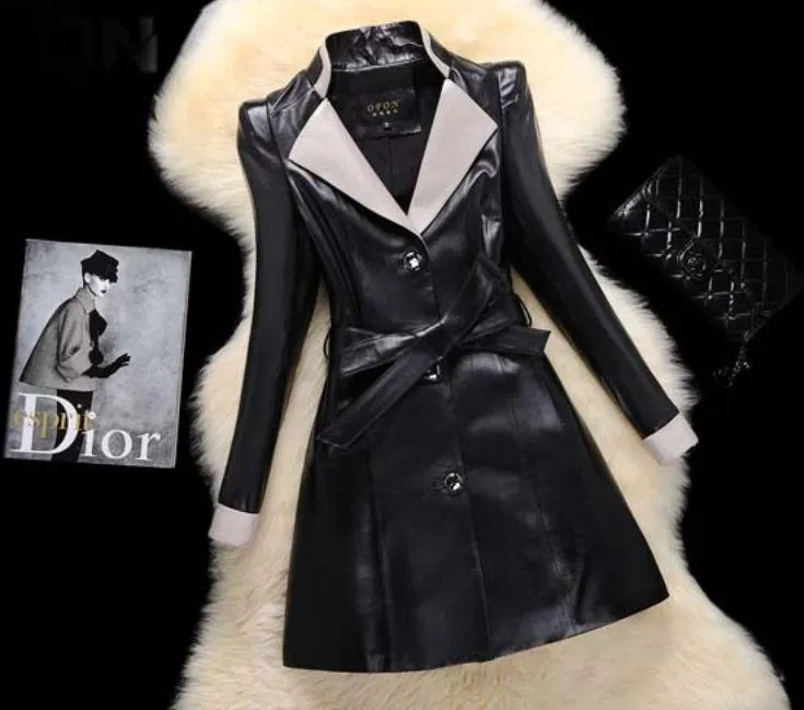 Woman Leather Overcoat Winter Sheepskin Long Slim Black Jackets