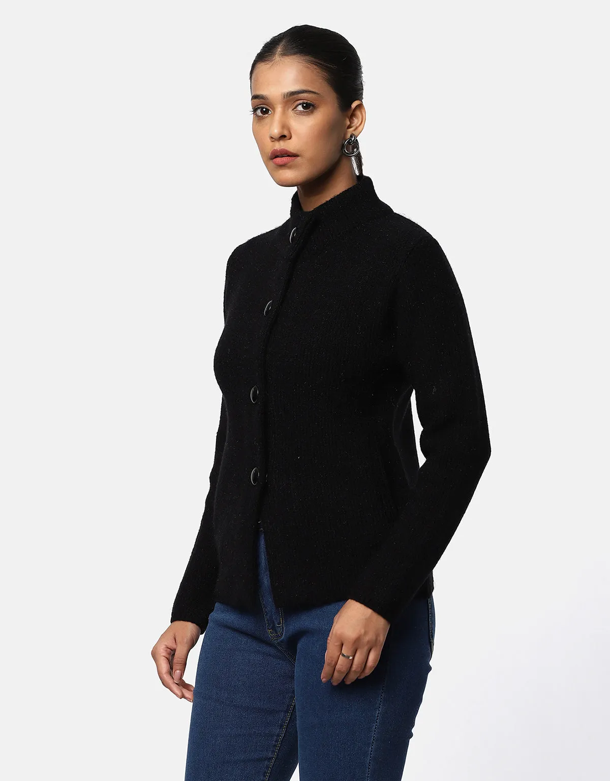 Women Woolen Round Neck With Front Pocket Short Coat