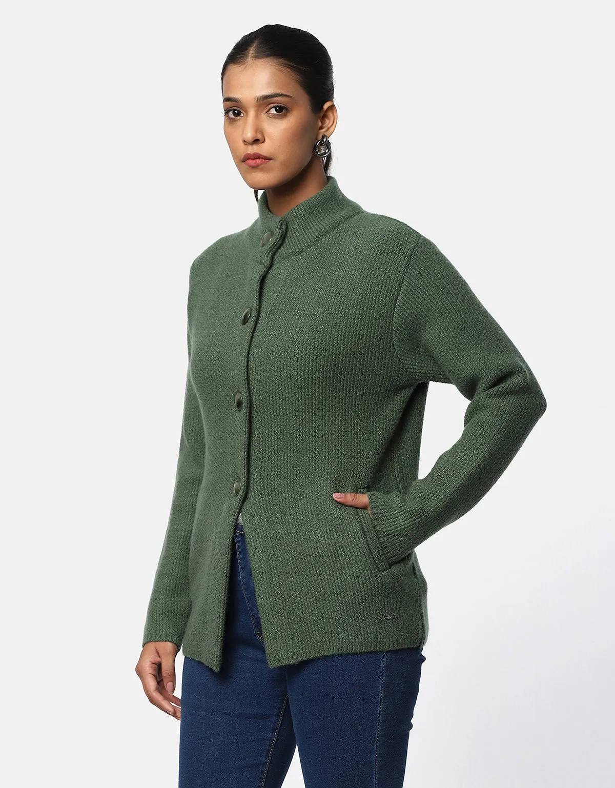 Women Woolen Round Neck With Front Pocket Short Coat