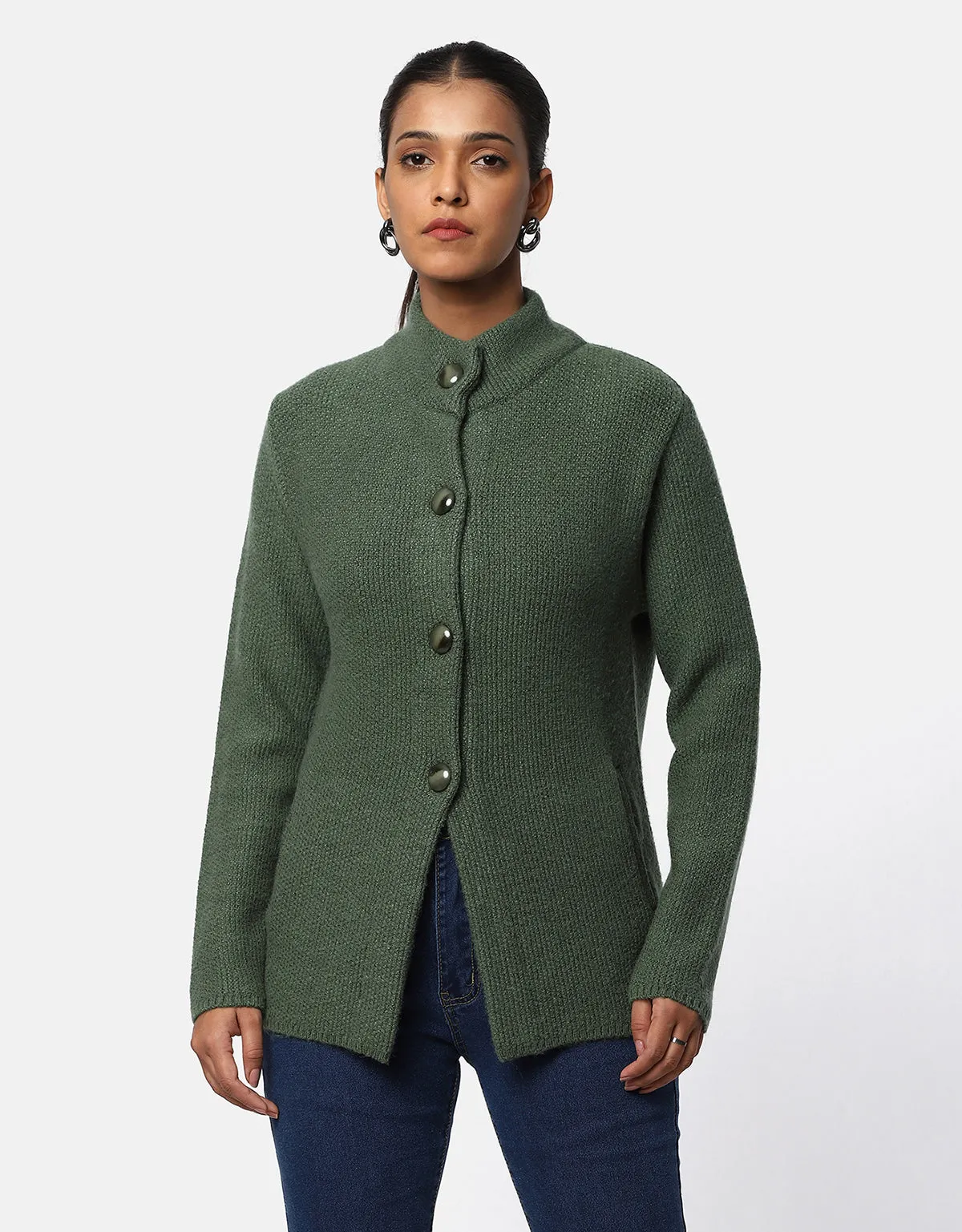 Women Woolen Round Neck With Front Pocket Short Coat