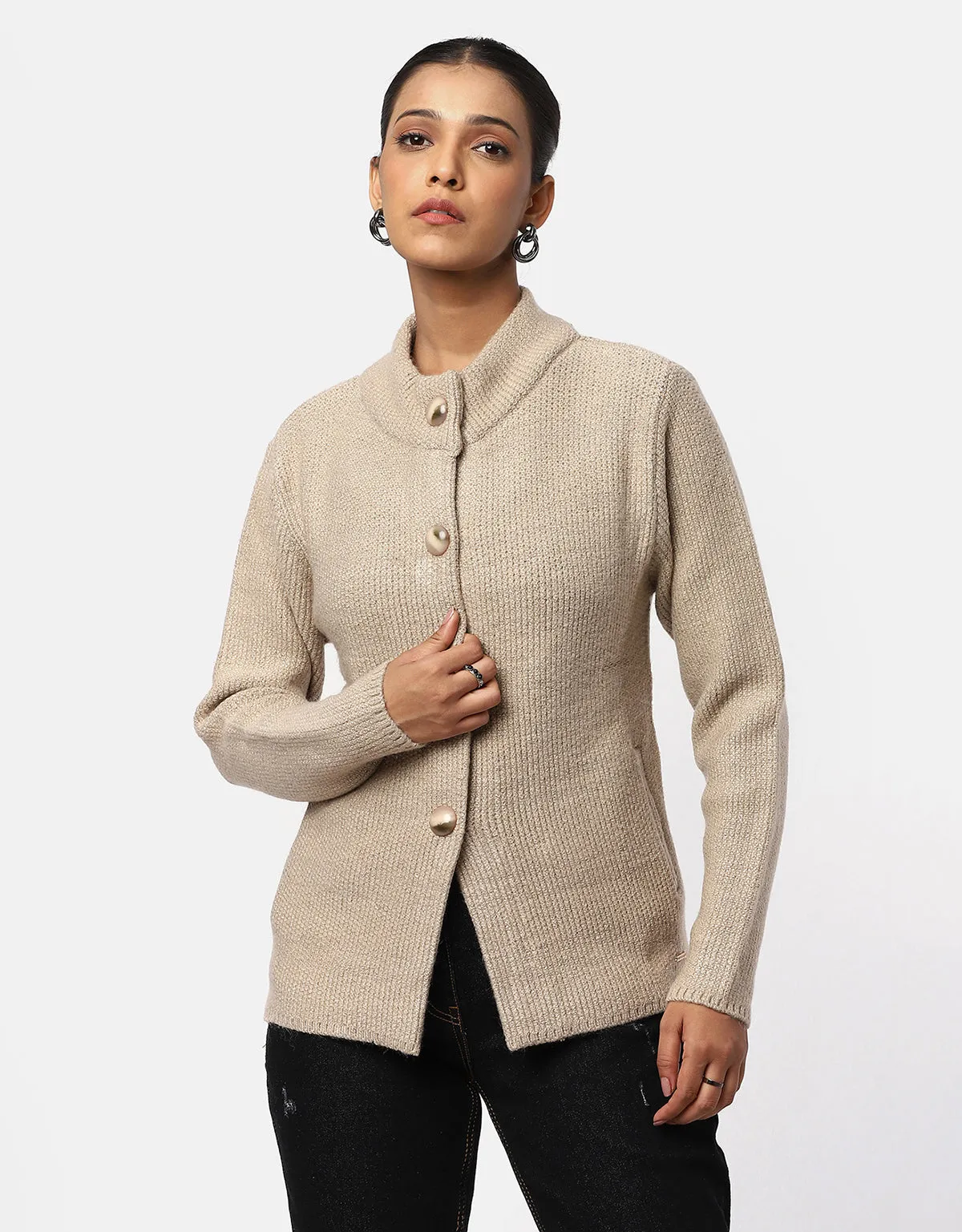 Women Woolen Round Neck With Front Pocket Short Coat