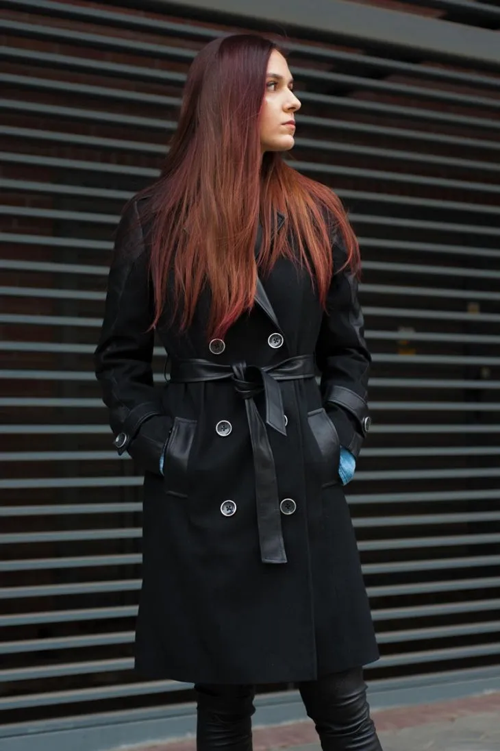 Women's Long Wool & Leather Coat