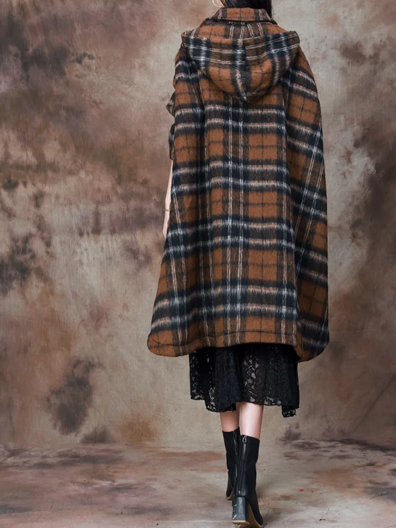 Women's Winter Wonderland  Cape-Style Plaid Hooded Coat